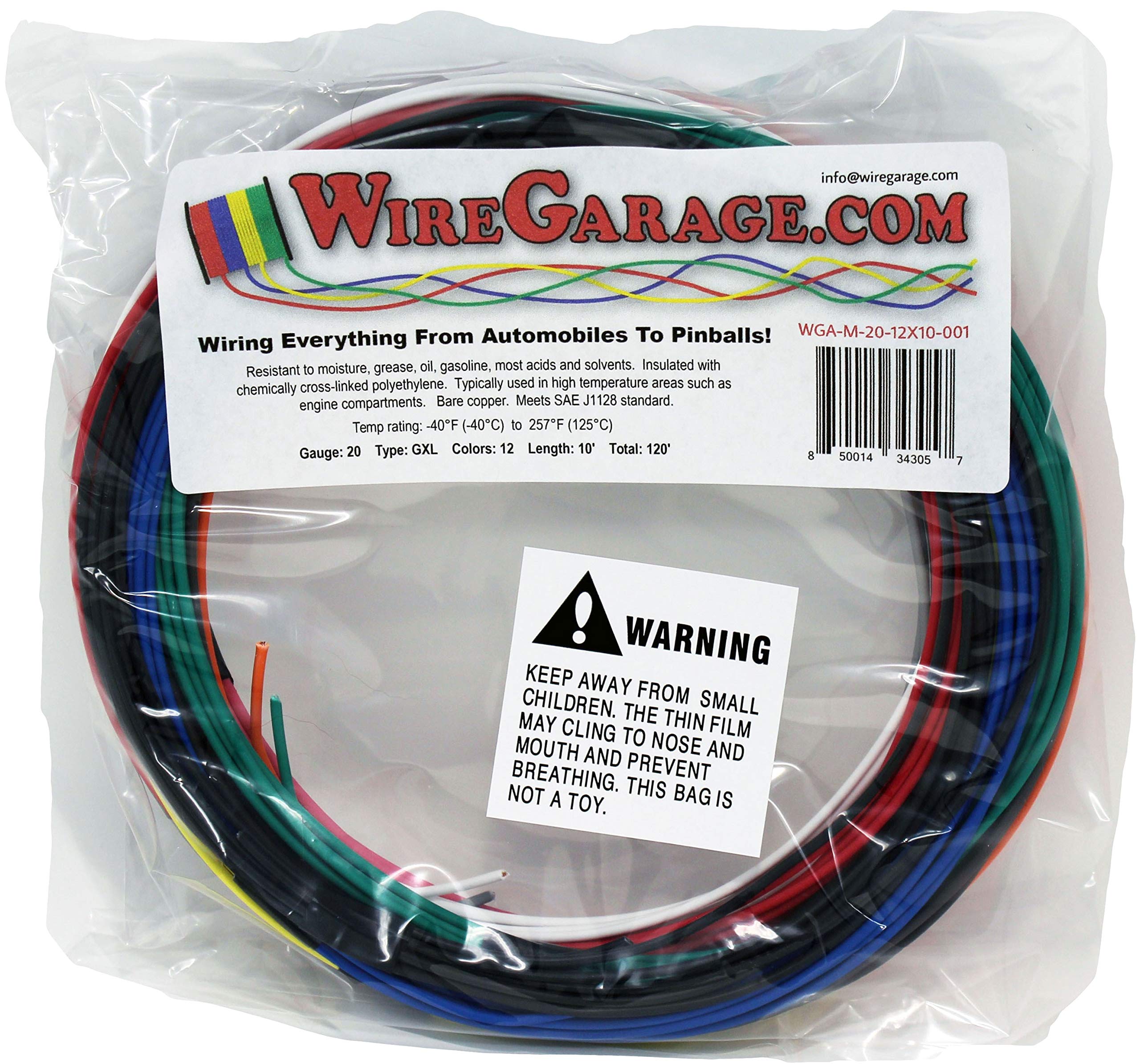 WireGarage GXL 20 AWG coil front view showing color-coded lengths and durable insulation