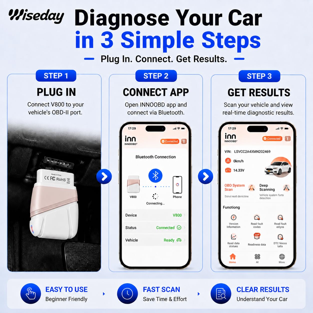 Wiseday used in a driveway setting showing quick, on-the-spot vehicle checks