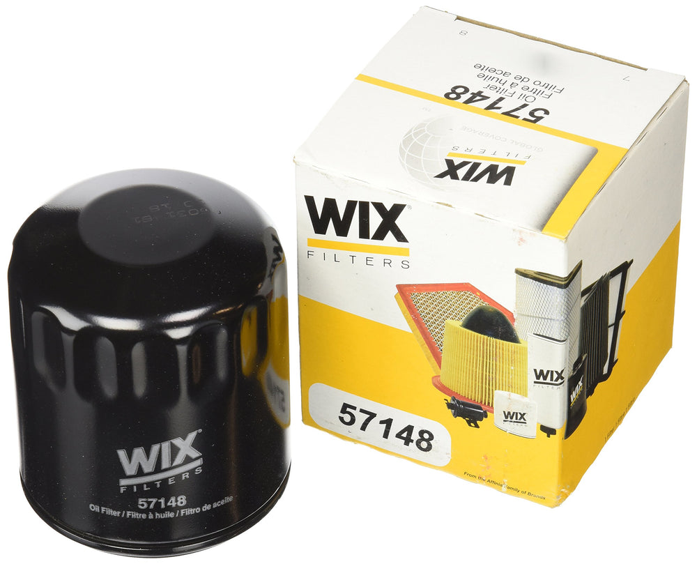 Wix 57148 front view showing label and fitment, protects engine by trapping contaminants