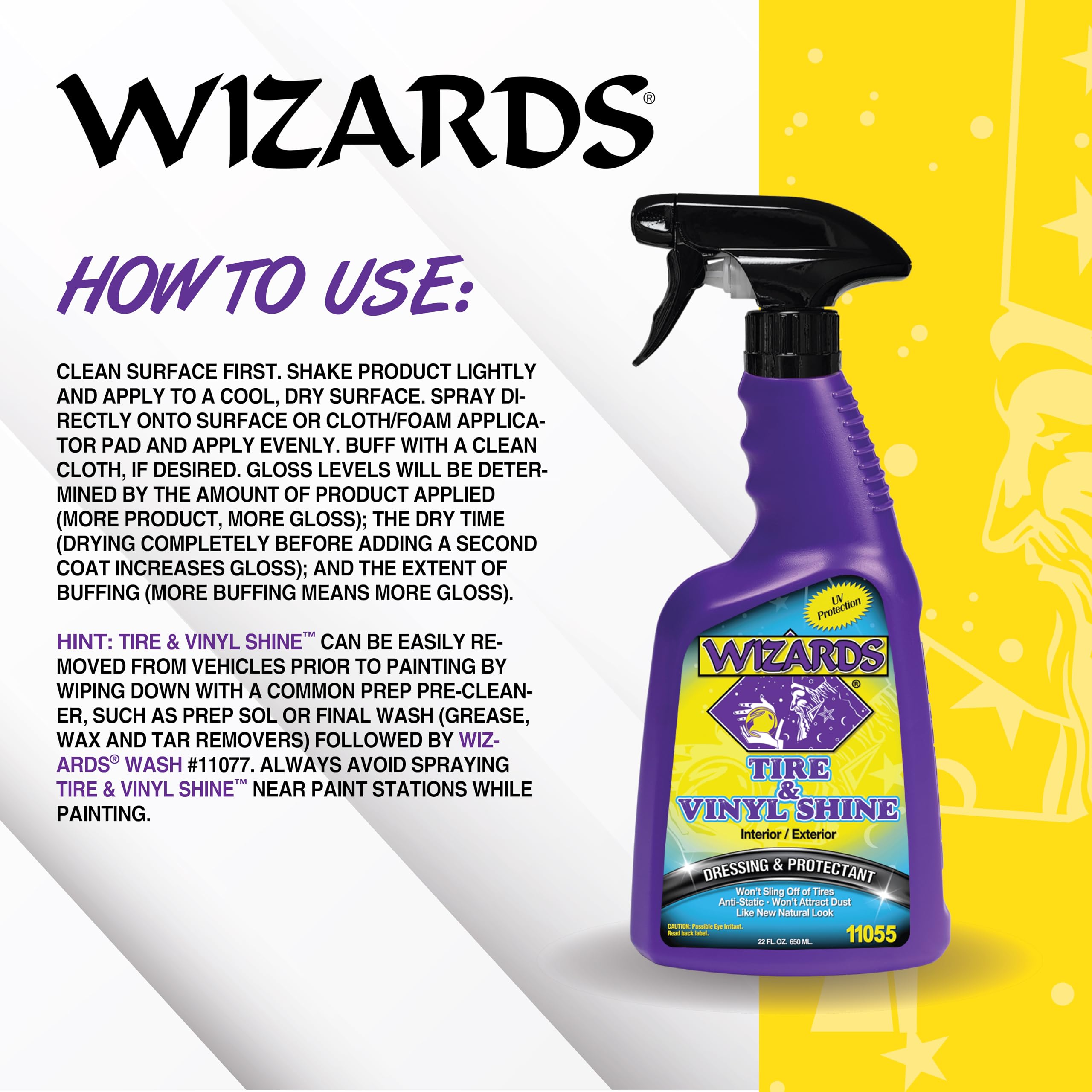 Wizards applied on tire sidewall to restore color and minimize sling