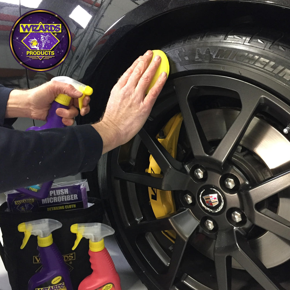 Wizards before and after tire panel showing restored color and protective finish