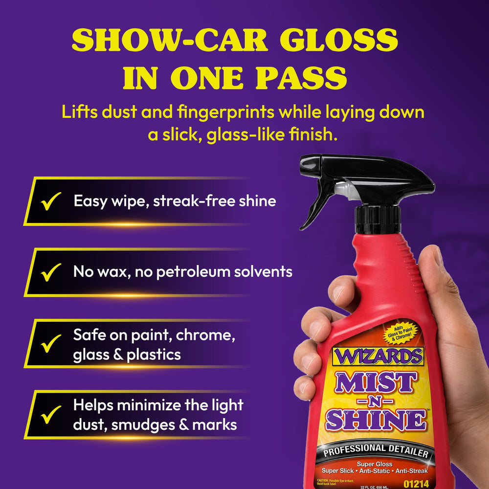 Wizards Mist-N-Shine being sprayed onto a panel, quick application benefit