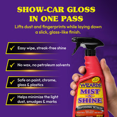 Wizards Mist-N-Shine being sprayed onto a panel, quick application benefit