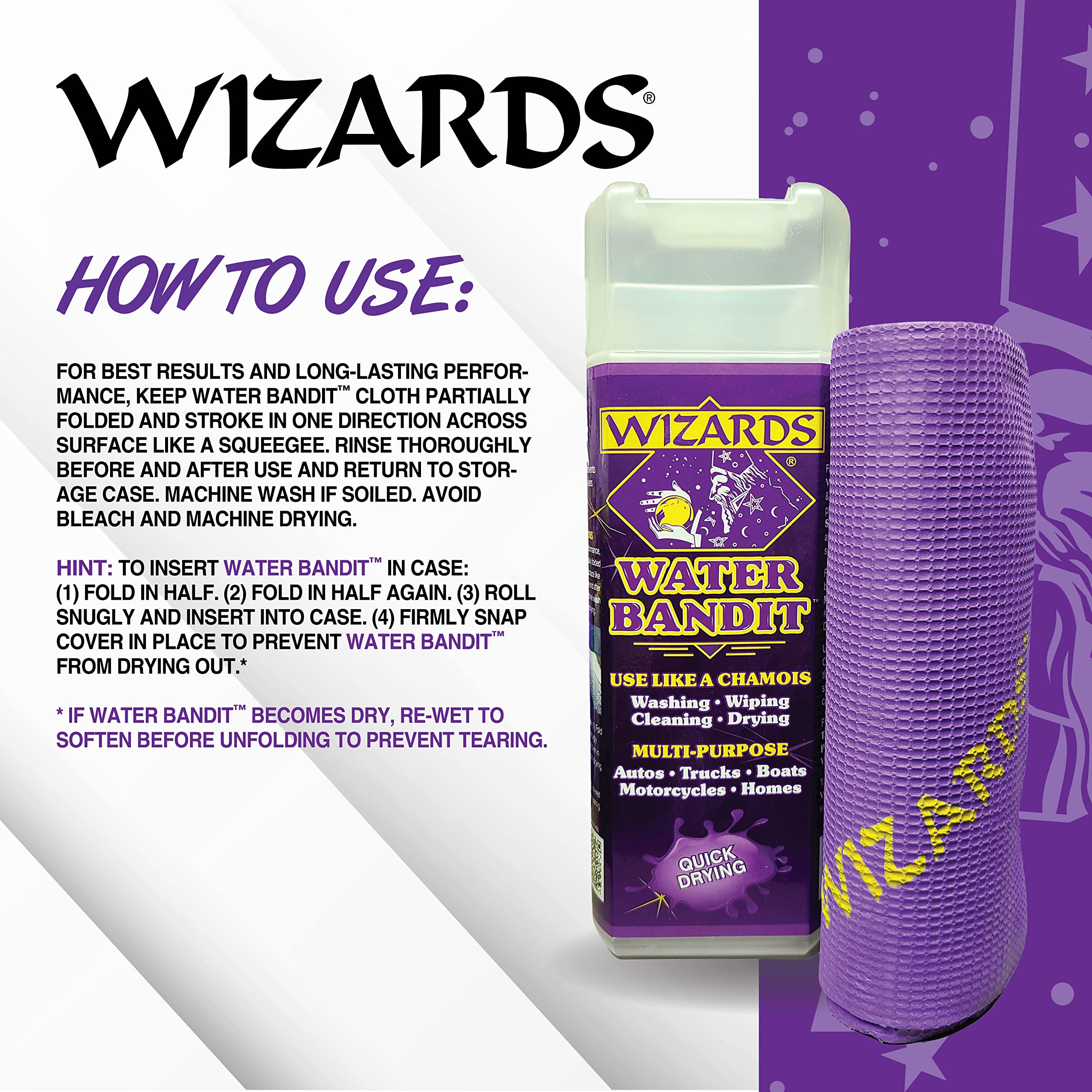 Wizards drying cloth in use on car hood, speeds water removal