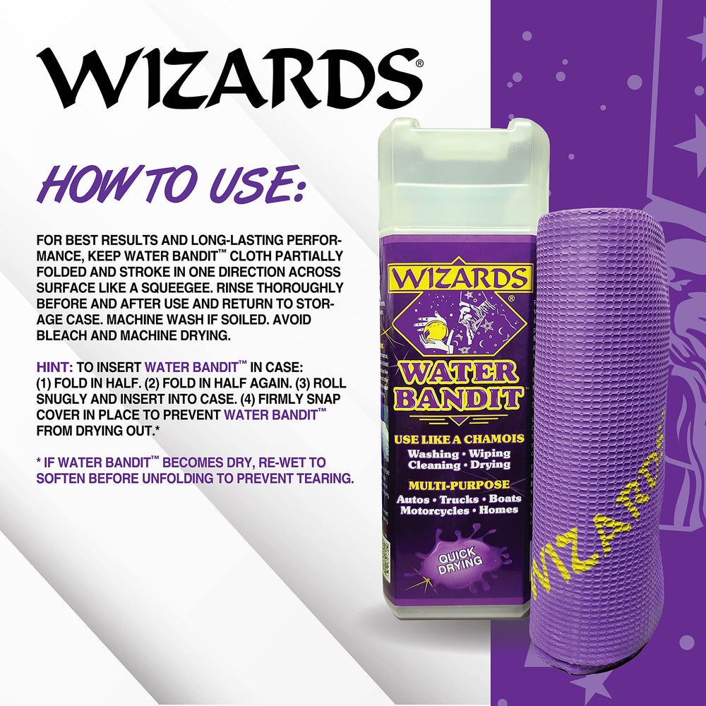 Wizards drying cloth in use on car hood, speeds water removal