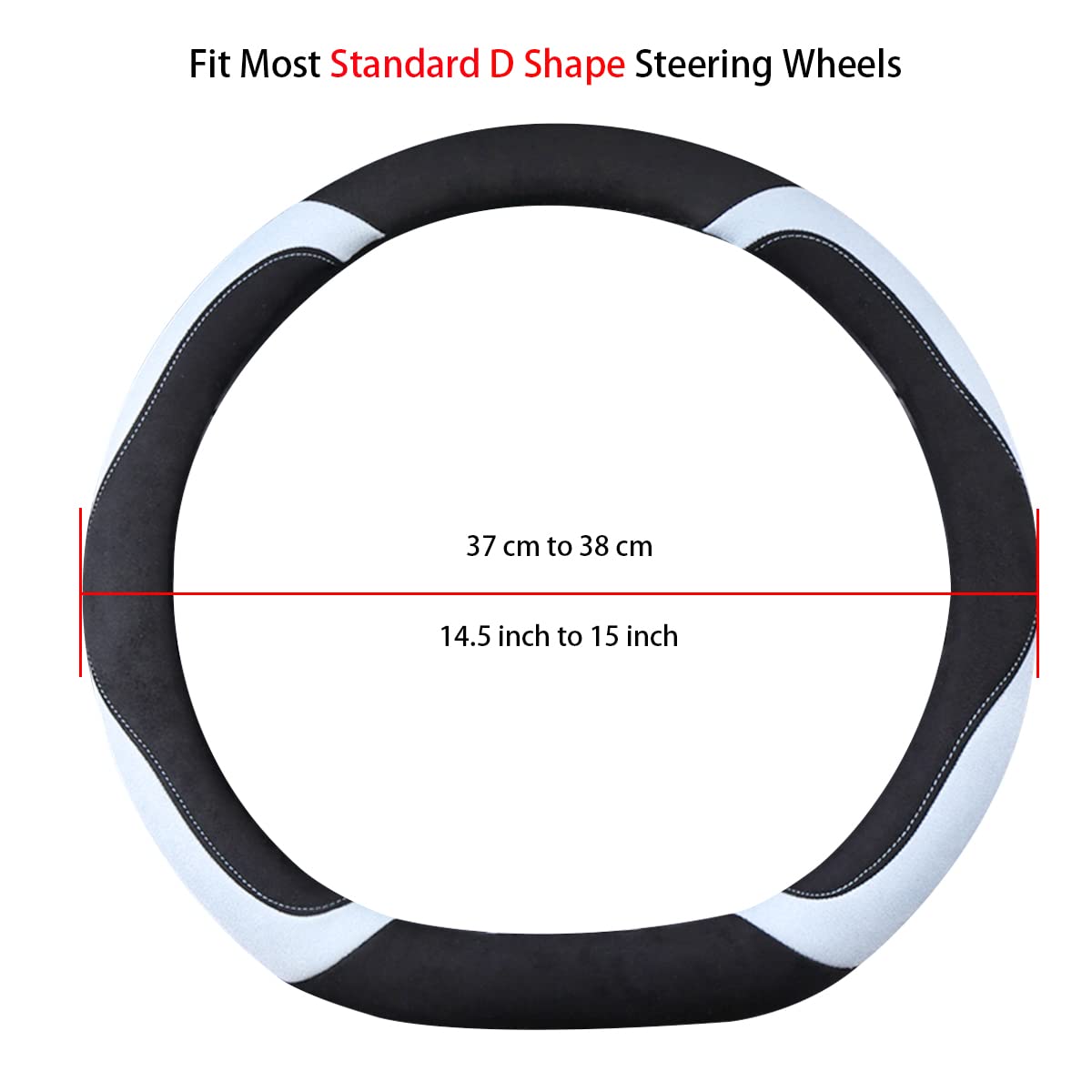 WJMZ cover next to ruler showing fit for 14.5–15 inch wheels and easy sizing