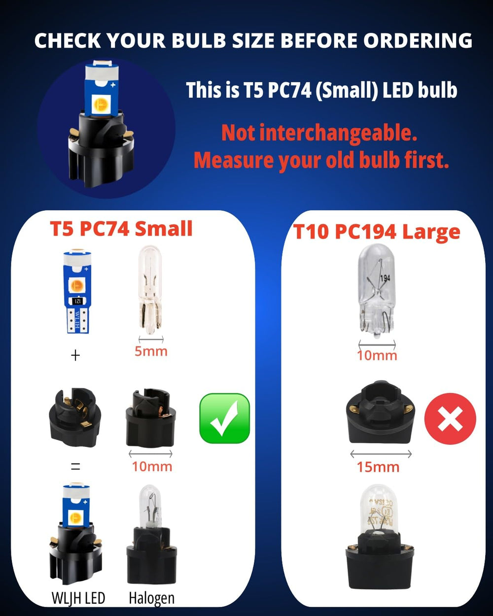 WLJH bulb beside a coin showing size for quick scale and fit verification