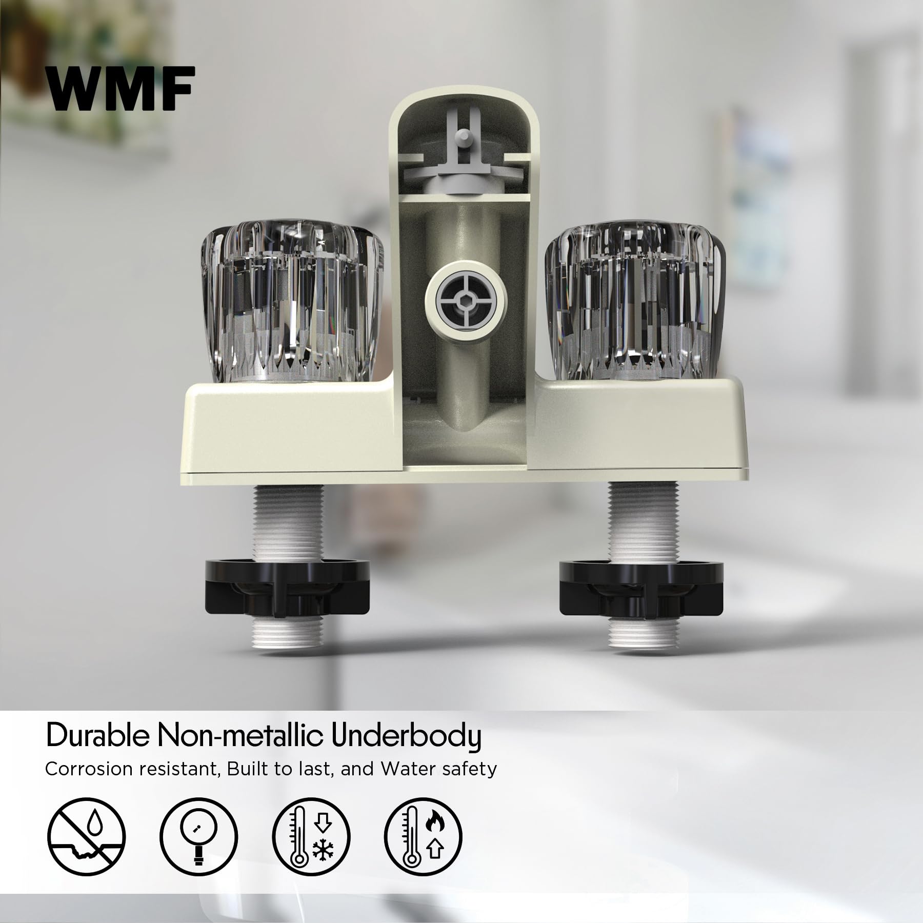 WMF installation scale illustrating 4-inch on-center fit and easy mounting benefit