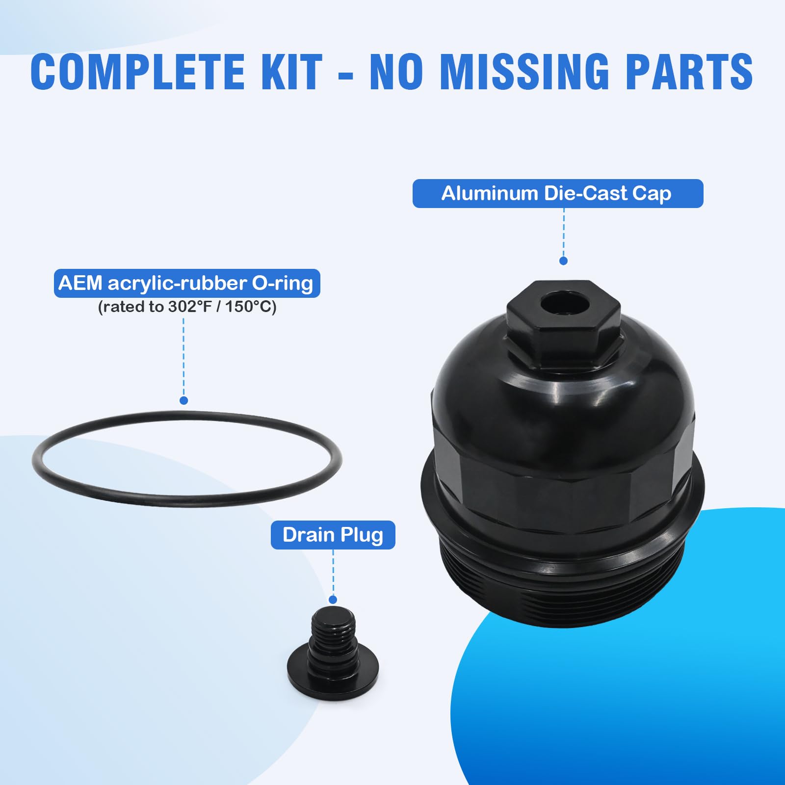 WMPARTS cap and O-ring packaging contents illustrating ready-to-install convenience