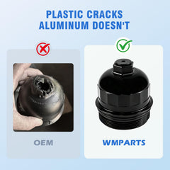 WMPARTS cap installed on fuel filter housing demonstrating leak prevention benefit