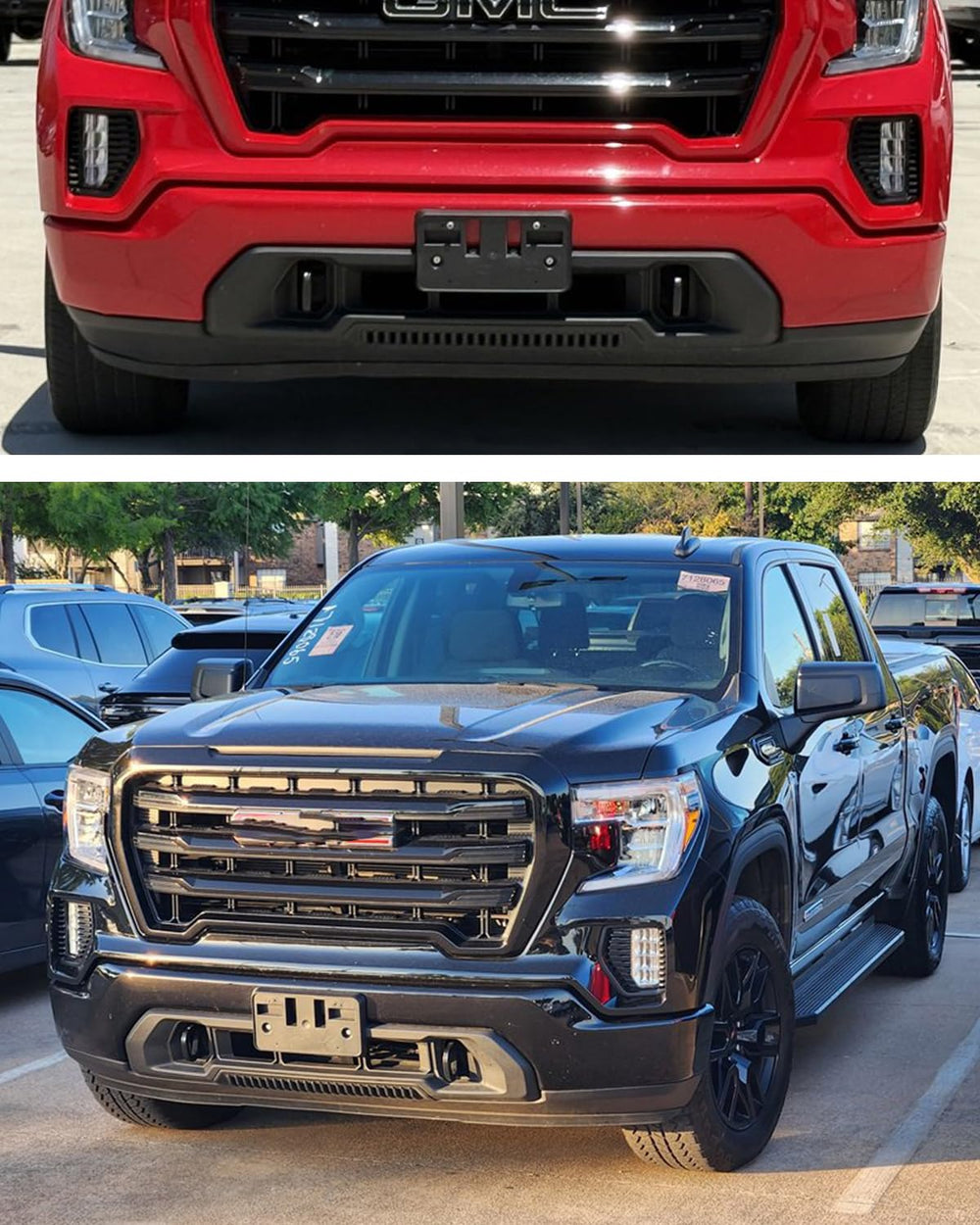 Lifestyle shot of GMC Sierra with Wocch-mounted plate showing restored stock appearance
