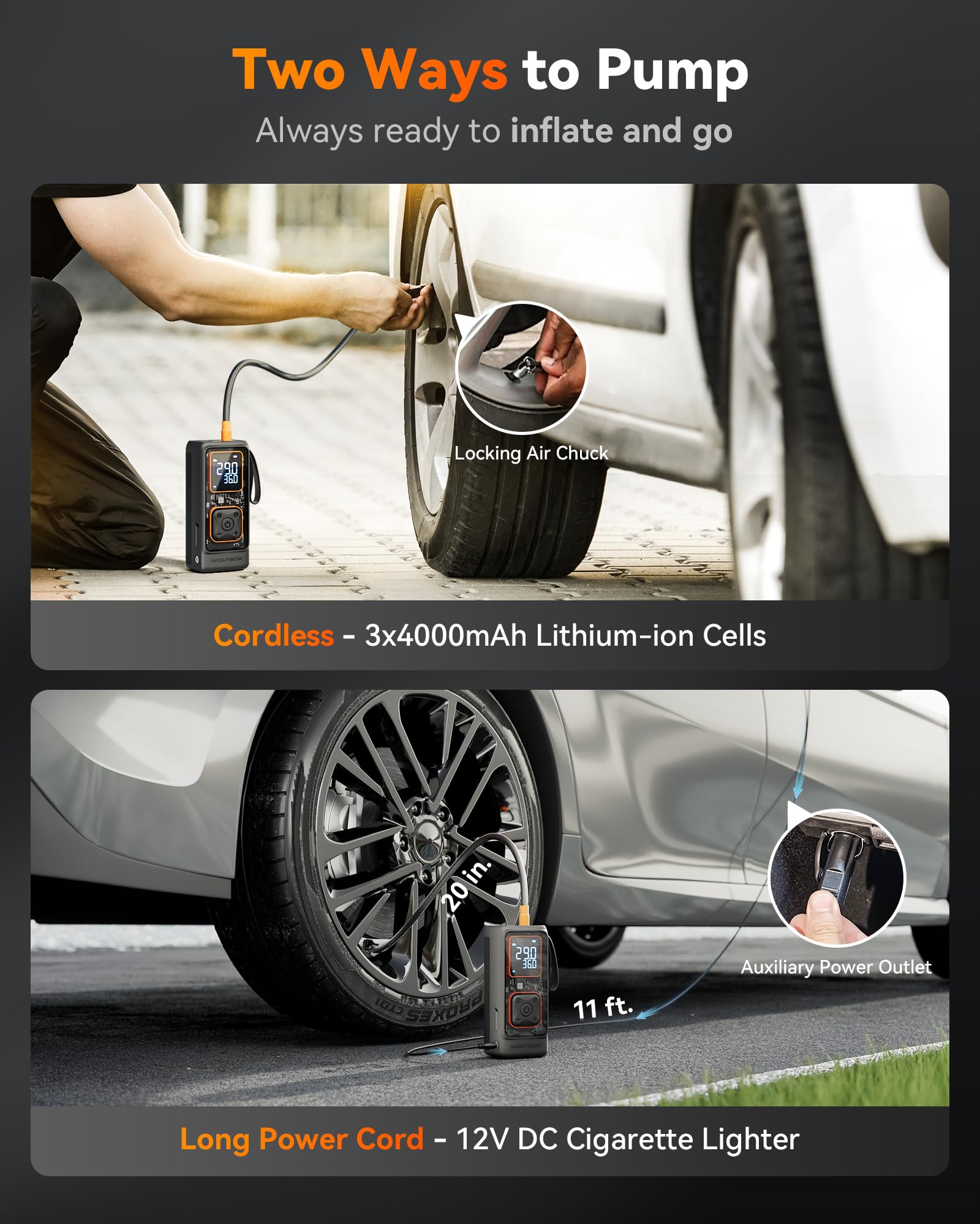 WOLFBOX air hose connection detail illustrating secure seal for faster inflation