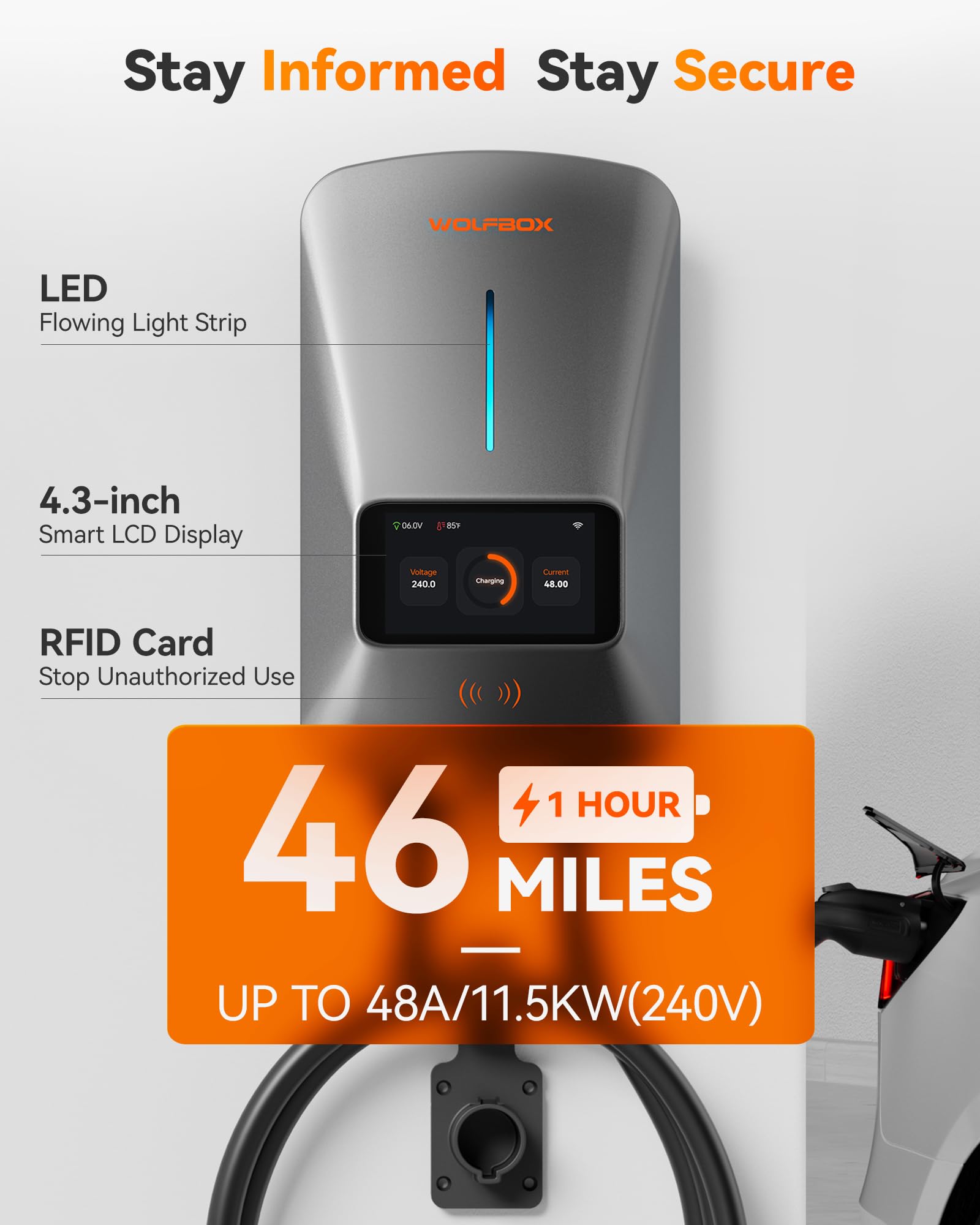 WOLFBOX J1772 connector and 25 ft cable displaying reach and convenience