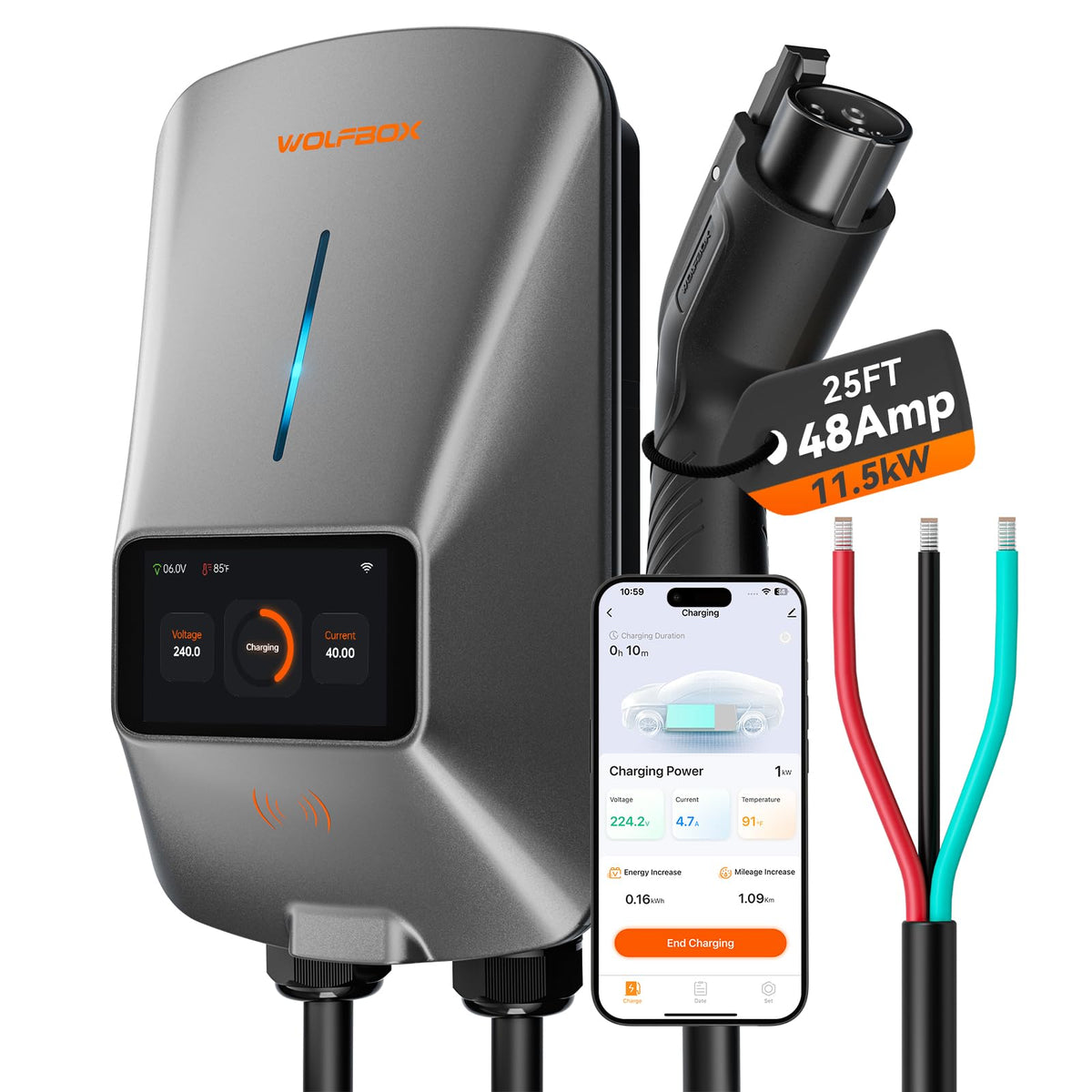 WOLFBOX front panel showing charger housing and J1772 connector for durable charging
