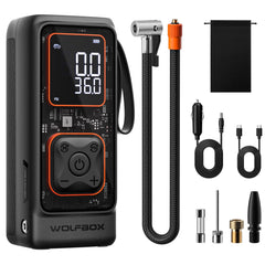 WOLFBOX front view showing compact portable inflator and handle benefit quick storage