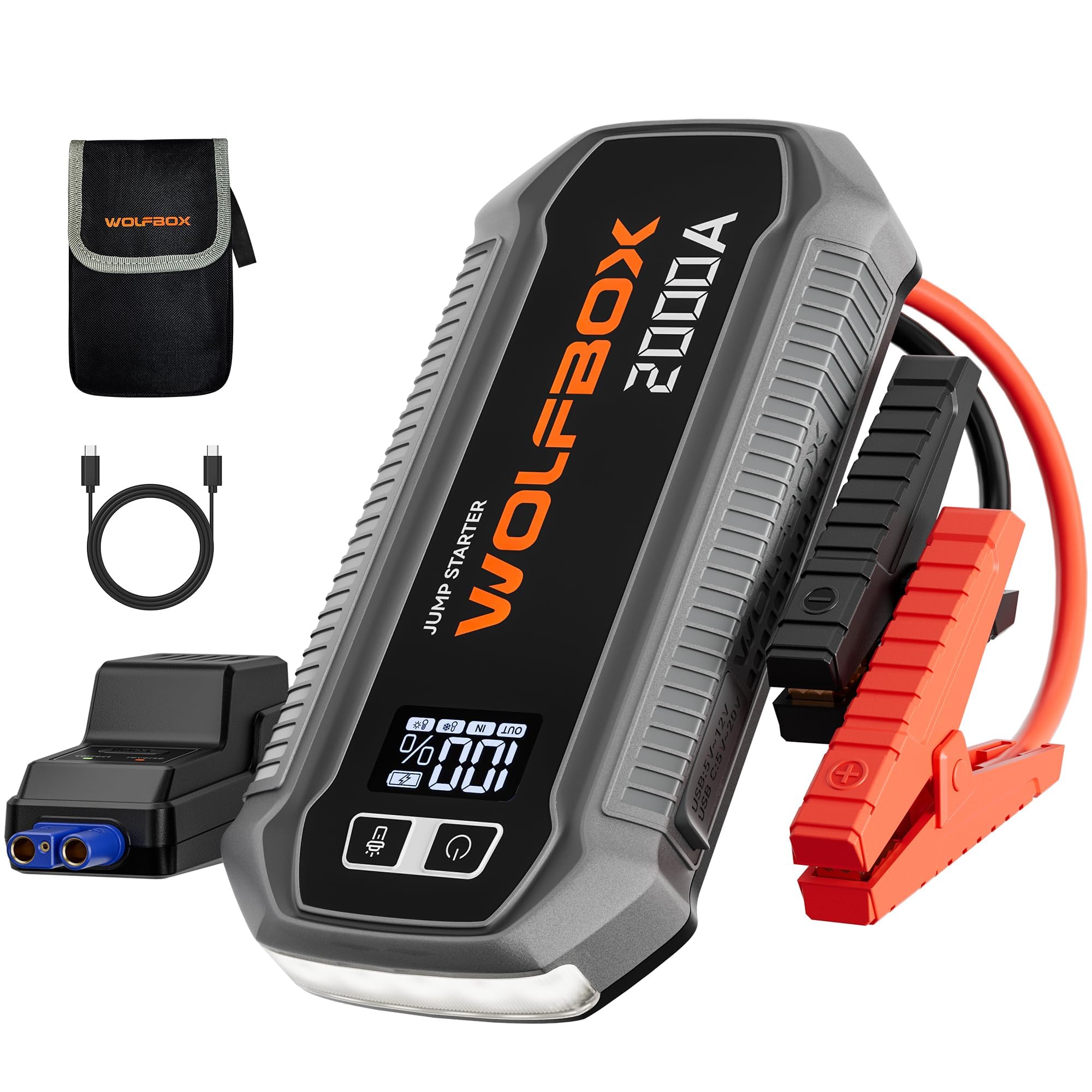 WOLFBOX front view showing compact starter and portability benefit