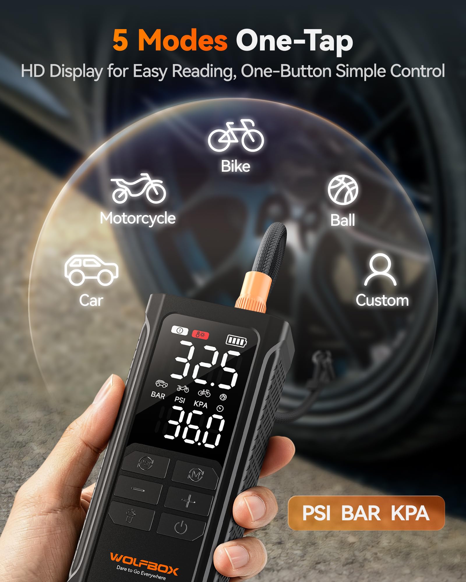 WOLFBOX HyperFlow19 inflating a car tire quickly for roadside convenience