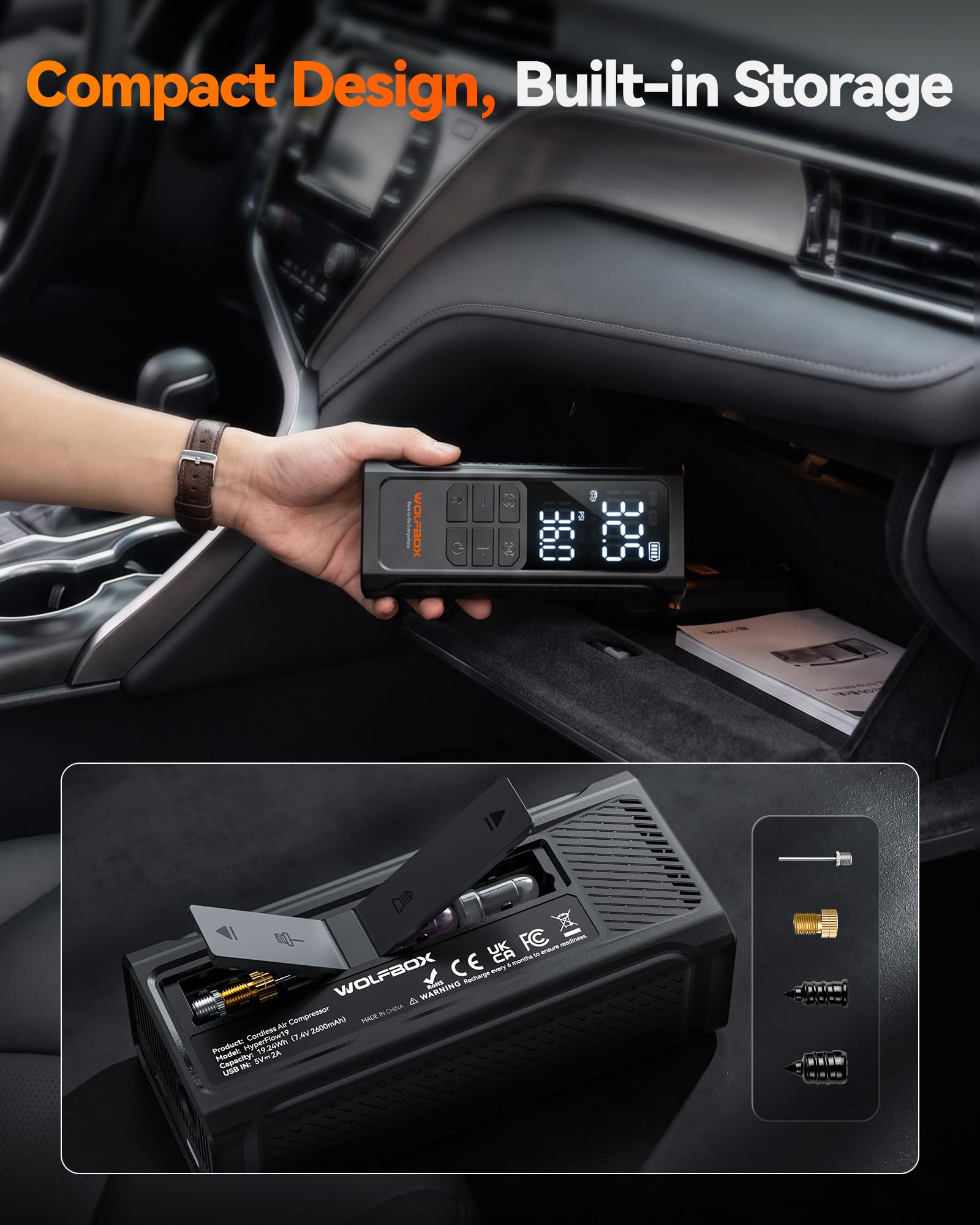 WOLFBOX HyperFlow19 held in a hand to show palm-sized portability