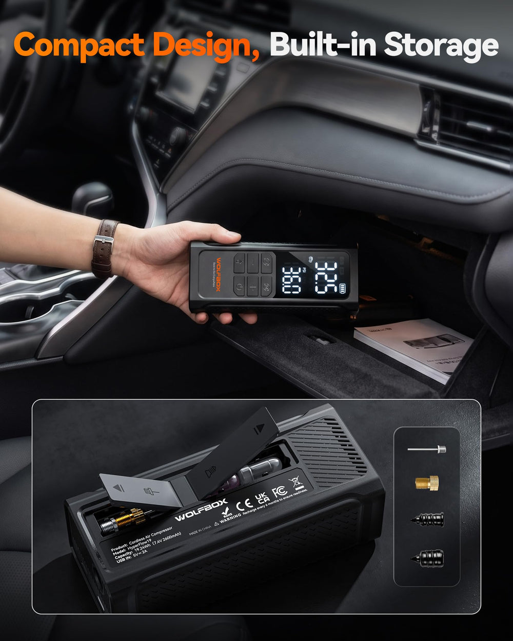 WOLFBOX HyperFlow19 held in a hand to show palm-sized portability