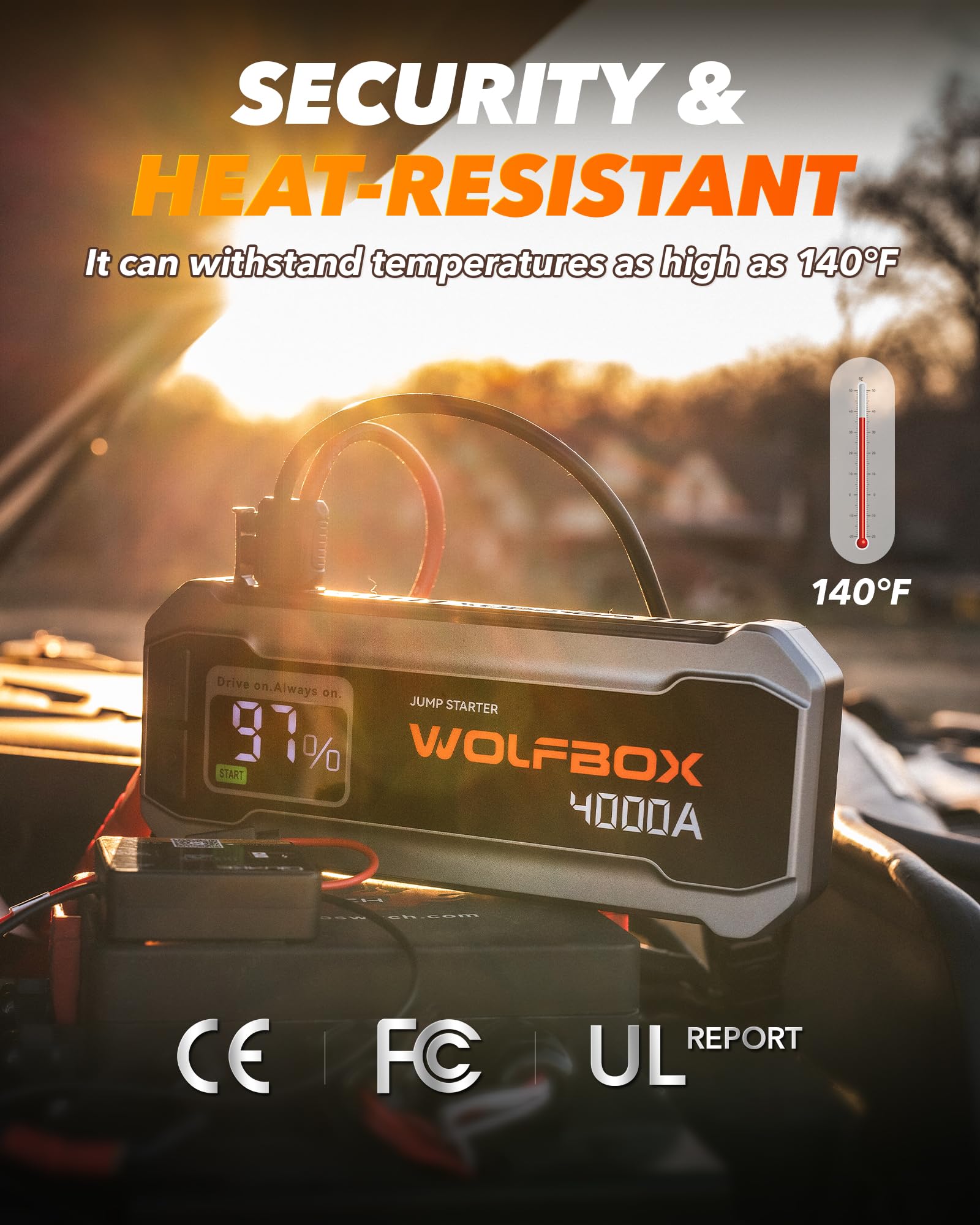 WOLFBOX in‑car emergency use powered up to restart vehicle and charge devices