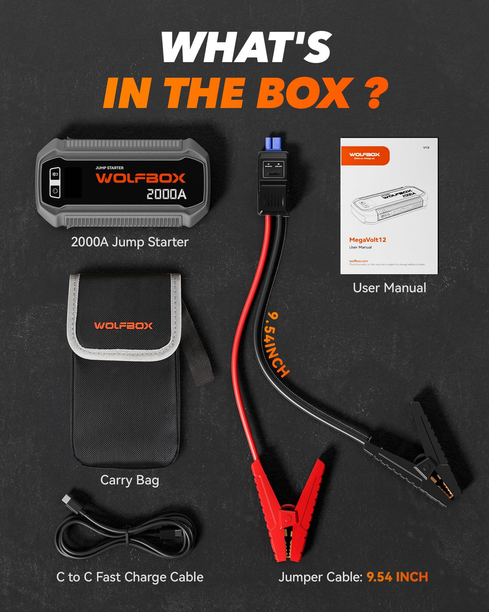 WOLFBOX stored in vehicle glovebox for quick roadside access