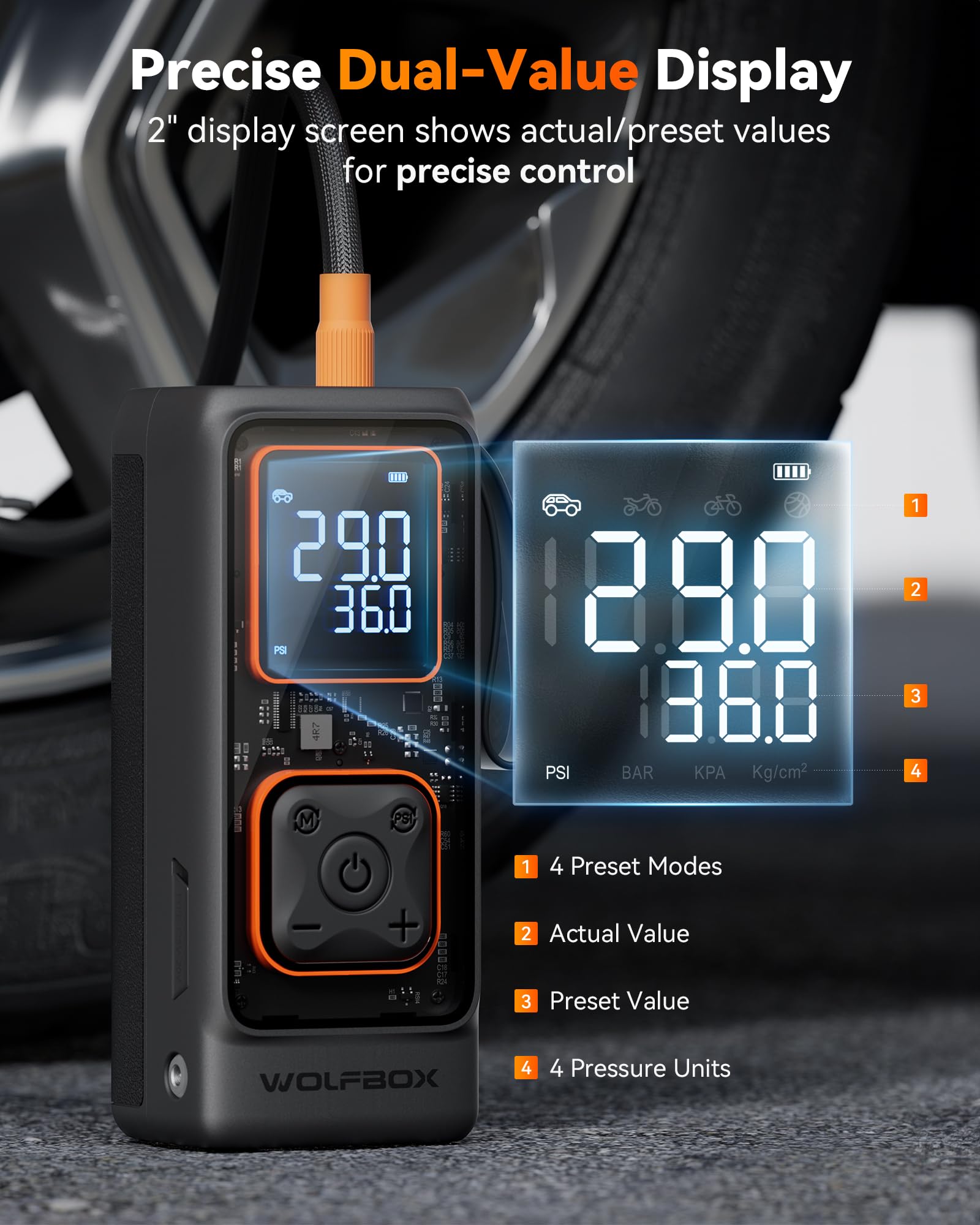 WOLFBOX LED flashlight lit in dark showing safety and roadside visibility benefit