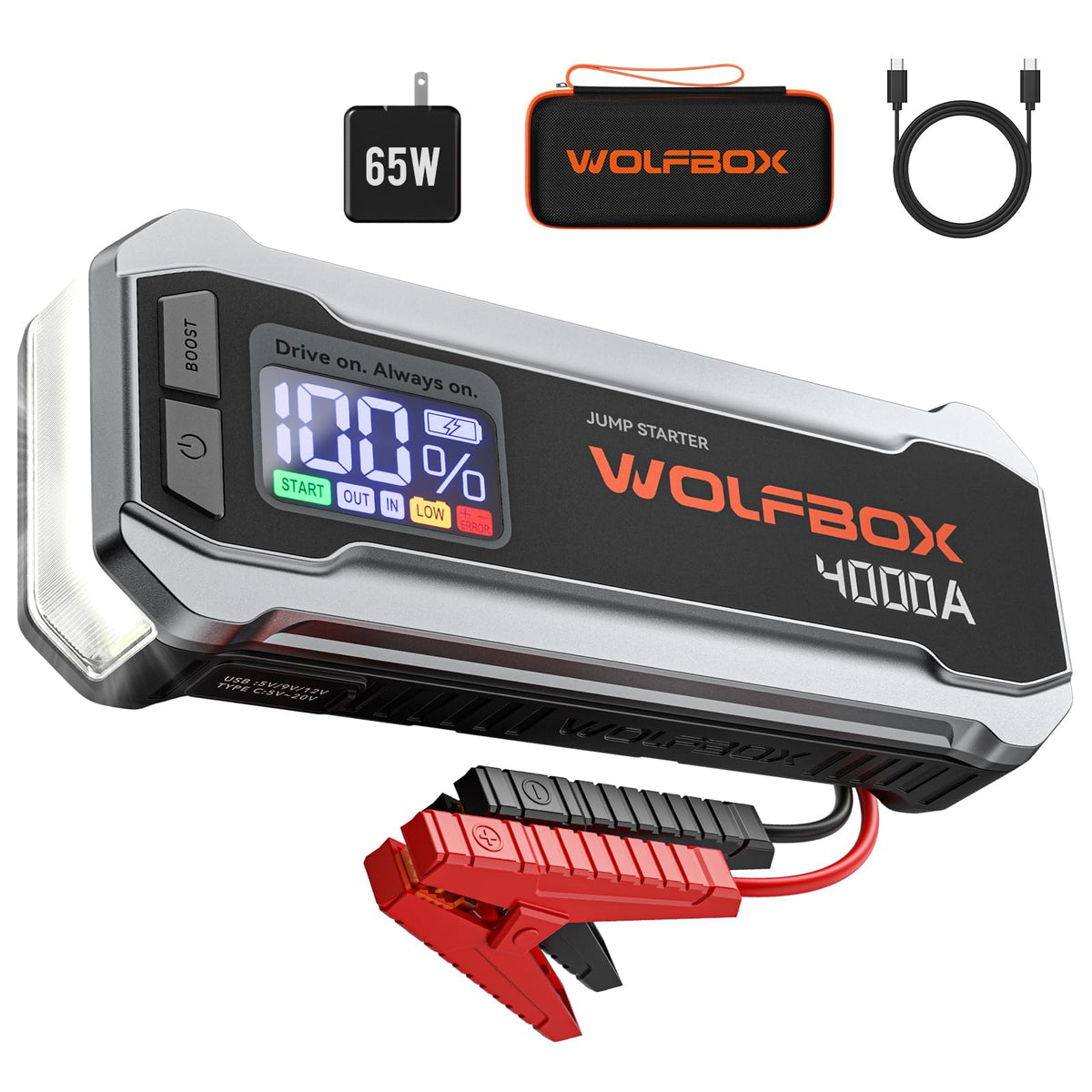WOLFBOX MV24 front view showing controls and compact design for fast roadside help