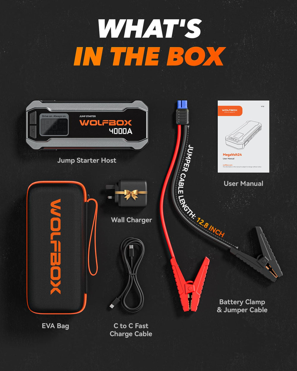 WOLFBOX size comparison beside a car battery illustrating portable booster scale