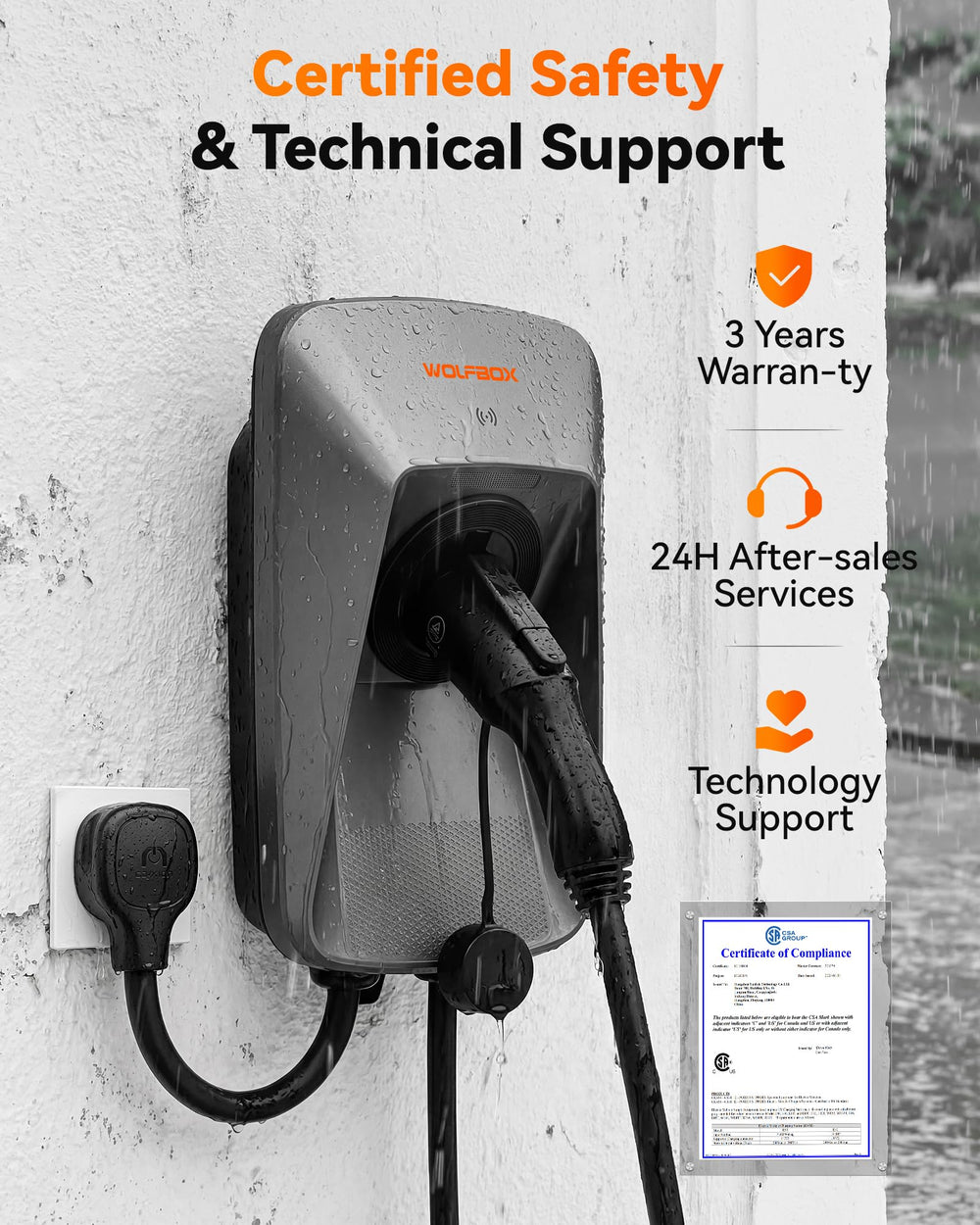 WOLFBOX 25‑foot cable and NEMA 14‑50 plug detail for flexible parking and reach