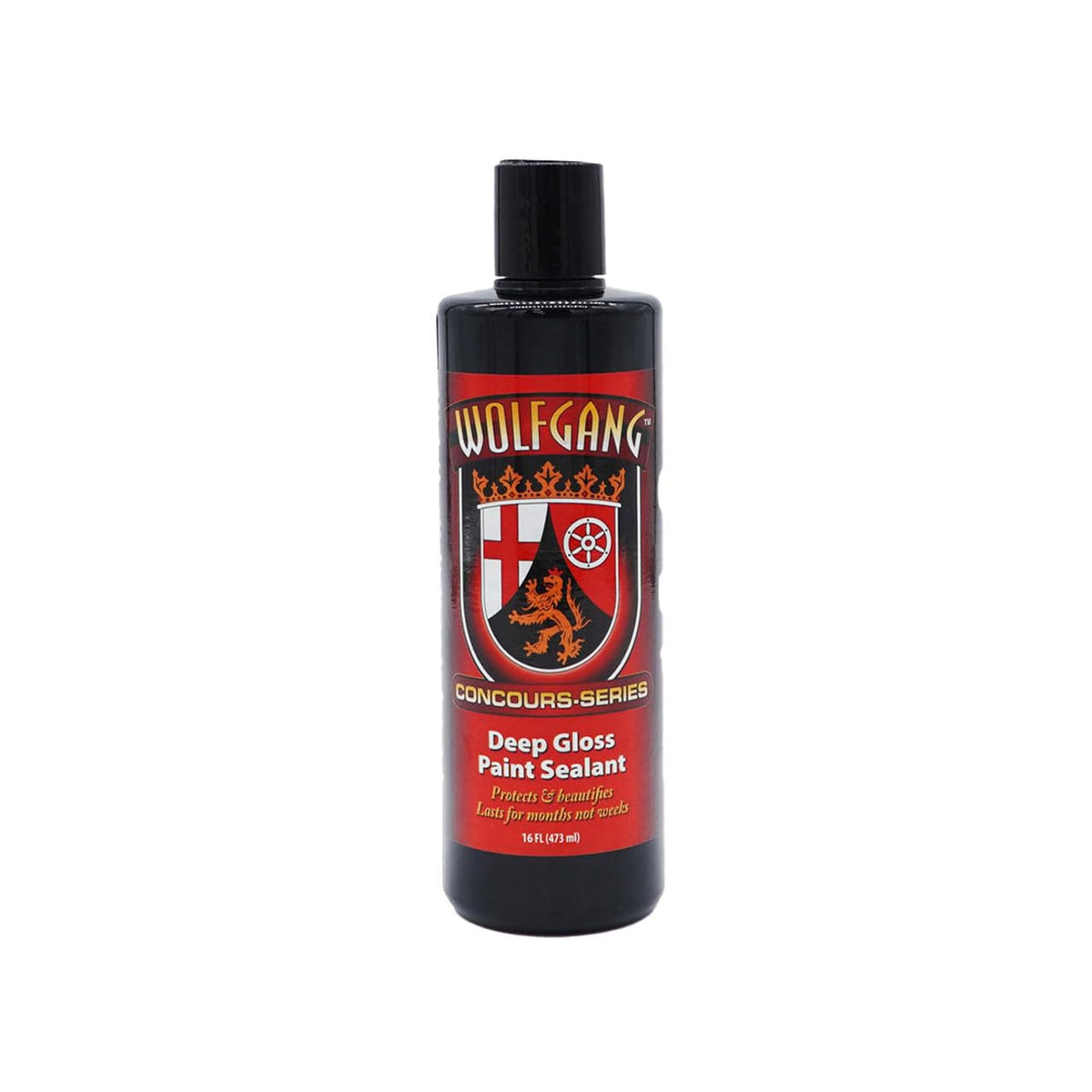 Wolfgang Concours Series bottle front showing product and glossy finish benefit