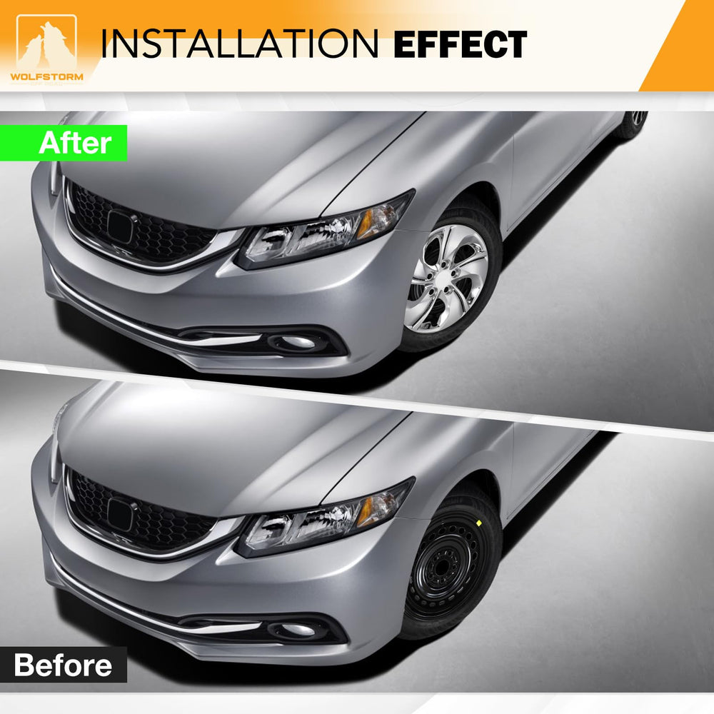 WOLFSTORM hubcap mounted on Honda Civic sedan demonstrating fit accuracy