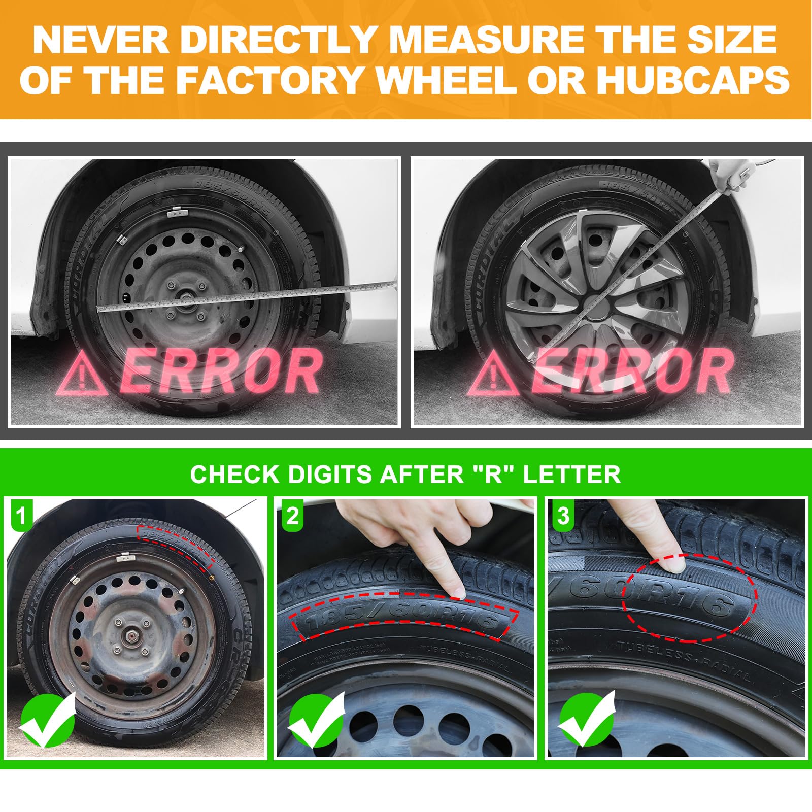 WOLFSTORM hubcap beside ruler showing 16-inch fit for accurate sizing