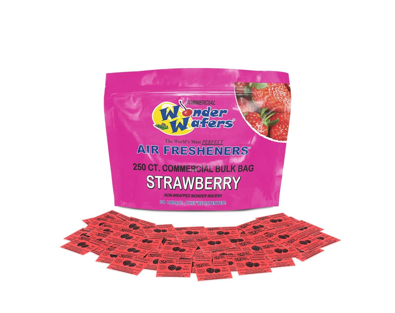 Wonder Wafers strawberry container front view showing resealable tub and tidy storage benefit