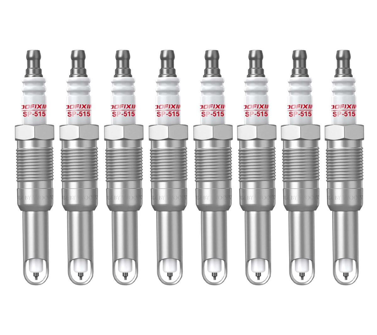 WOOFIXING front packaging showing eight spark plugs and model codes, clear identification benefit