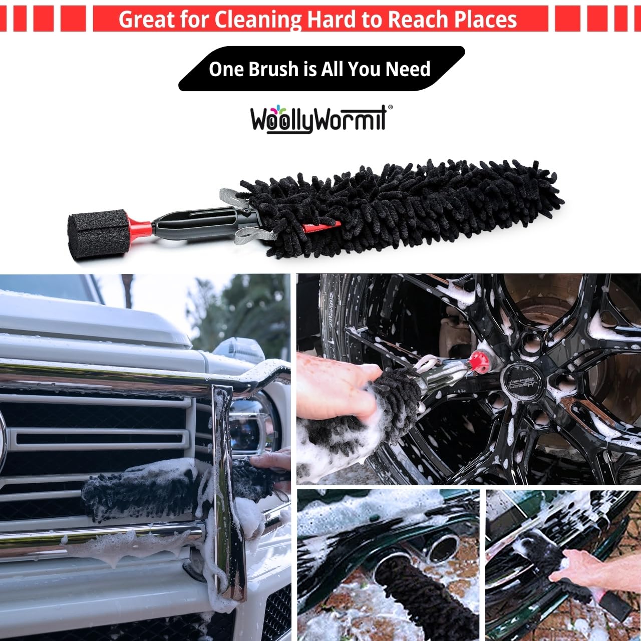 WOOLLYWORMIT handle attached to brush adding 4.3 inches for extended reach