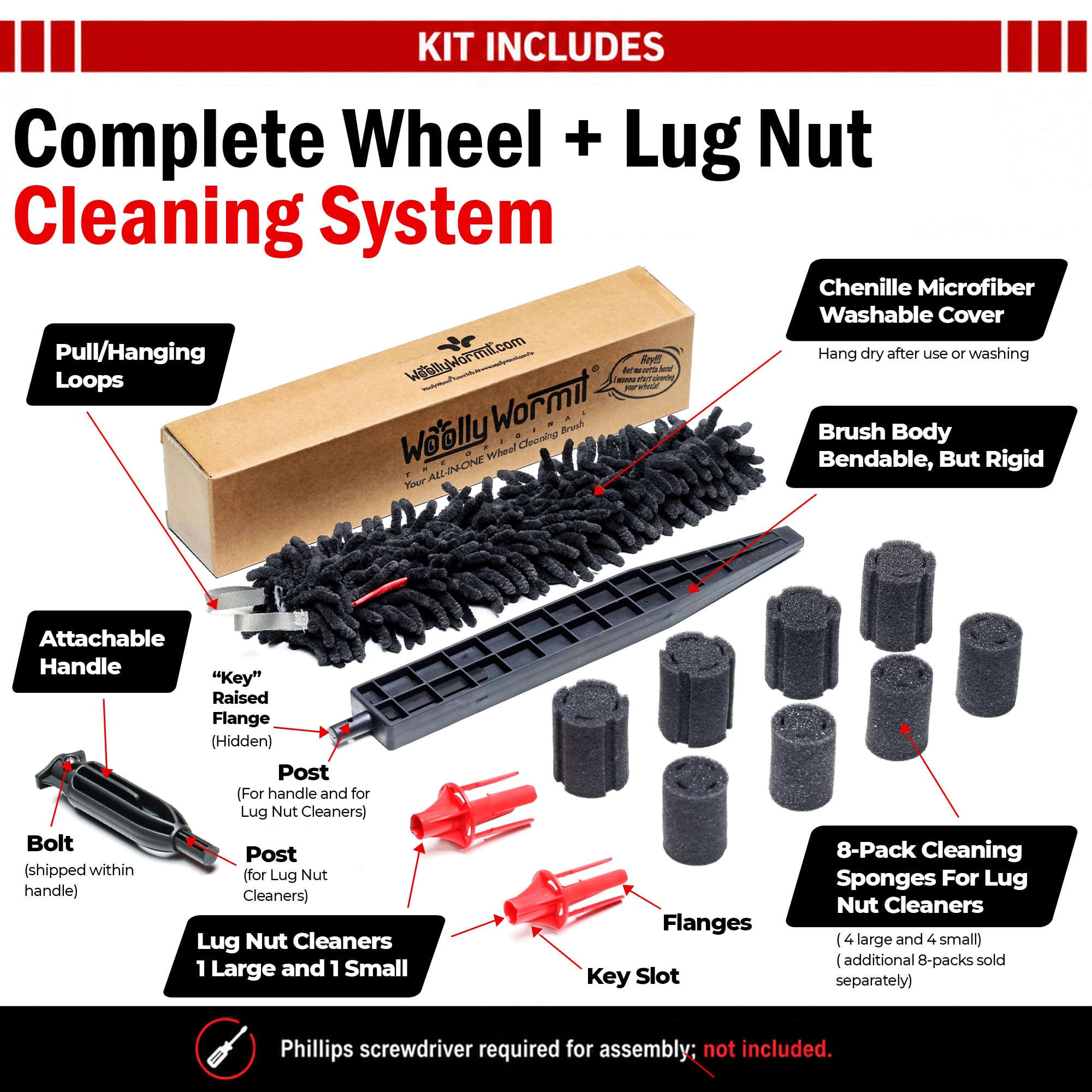 WOOLLYWORMIT product packaging displaying brush, handle, lug cleaners, sponges