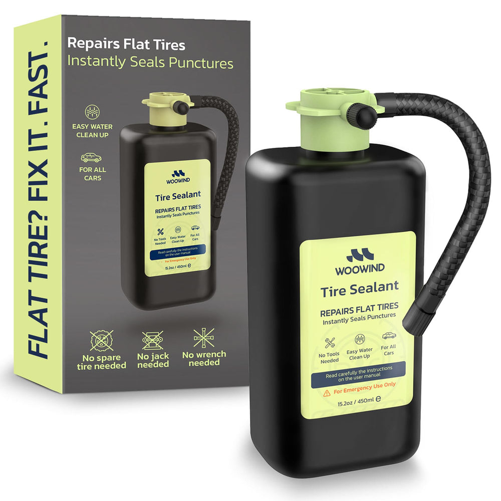 Woowind front bottle view showing compact emergency sealant and quick access benefit
