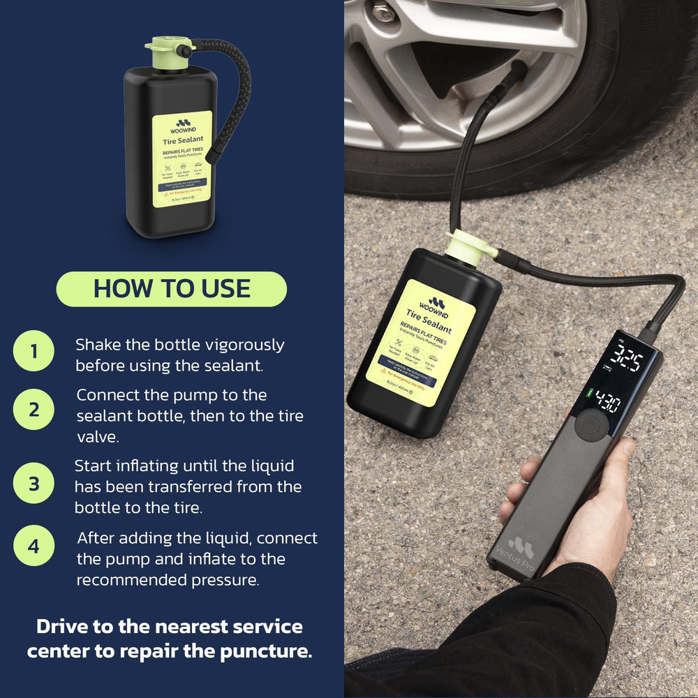 Woowind sealant in use on a tire demonstrating quick roadside repair benefit