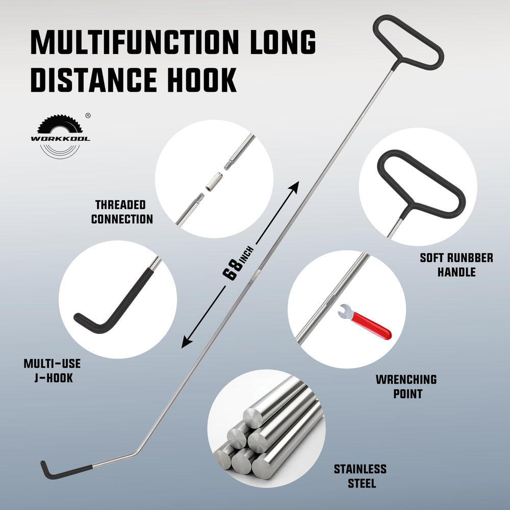 WORKKOOL 68-inch long-reach hook close-up demonstrating reach advantage