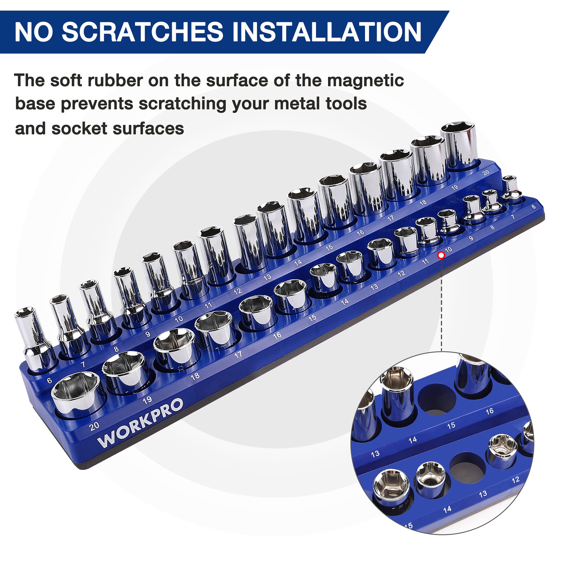 WORKPRO blue metric tray with legible size labels to speed socket selection