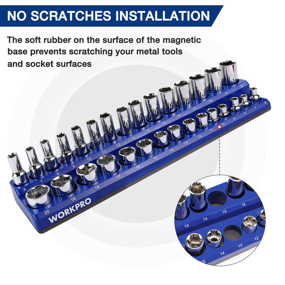 WORKPRO blue metric tray with legible size labels to speed socket selection
