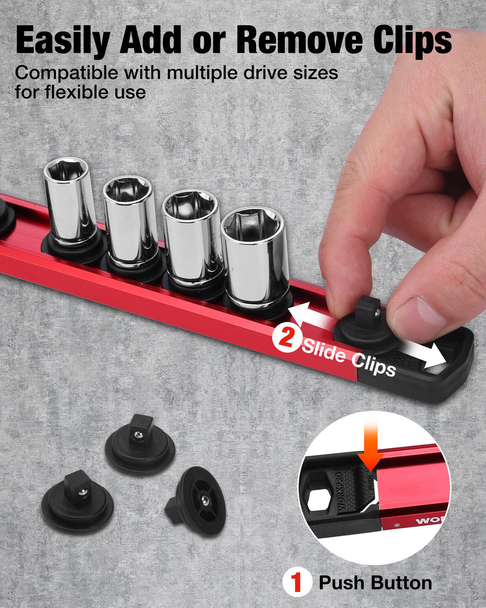 WORKPRO close-up of push-button clip displaying durable nylon and steel bead retention