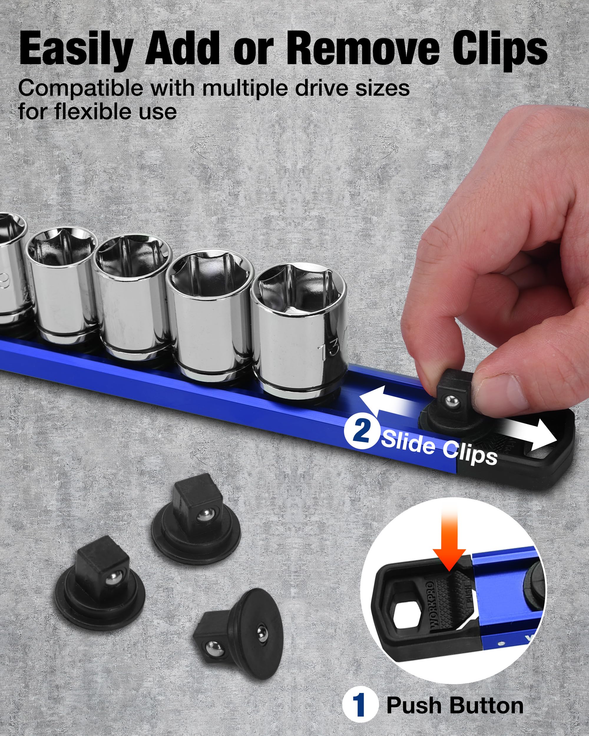 WORKPRO close-up of rotating push-button clip showing clip detail and repositioning benefit