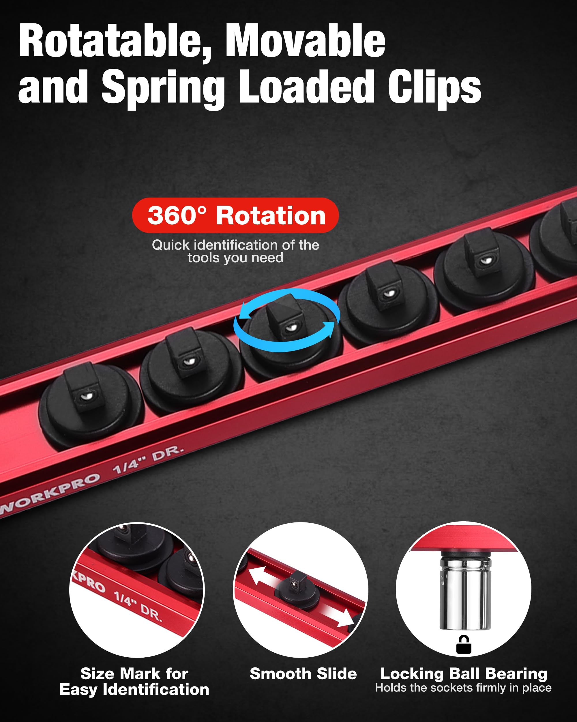 WORKPRO clip release button action illustrating quick reconfiguration and tool changes