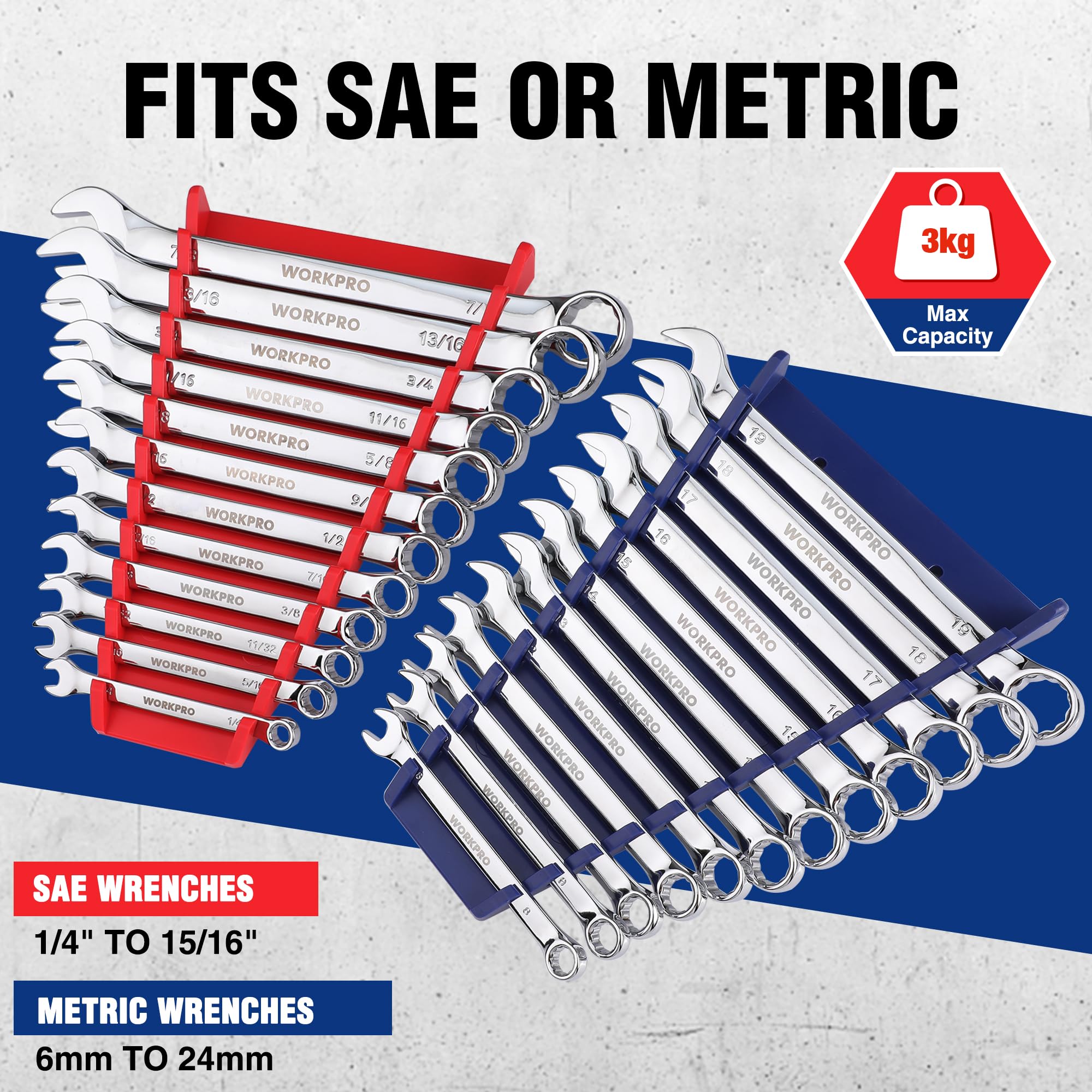 WORKPRO red and blue holders side-by-side highlighting SAE and metric color coding
