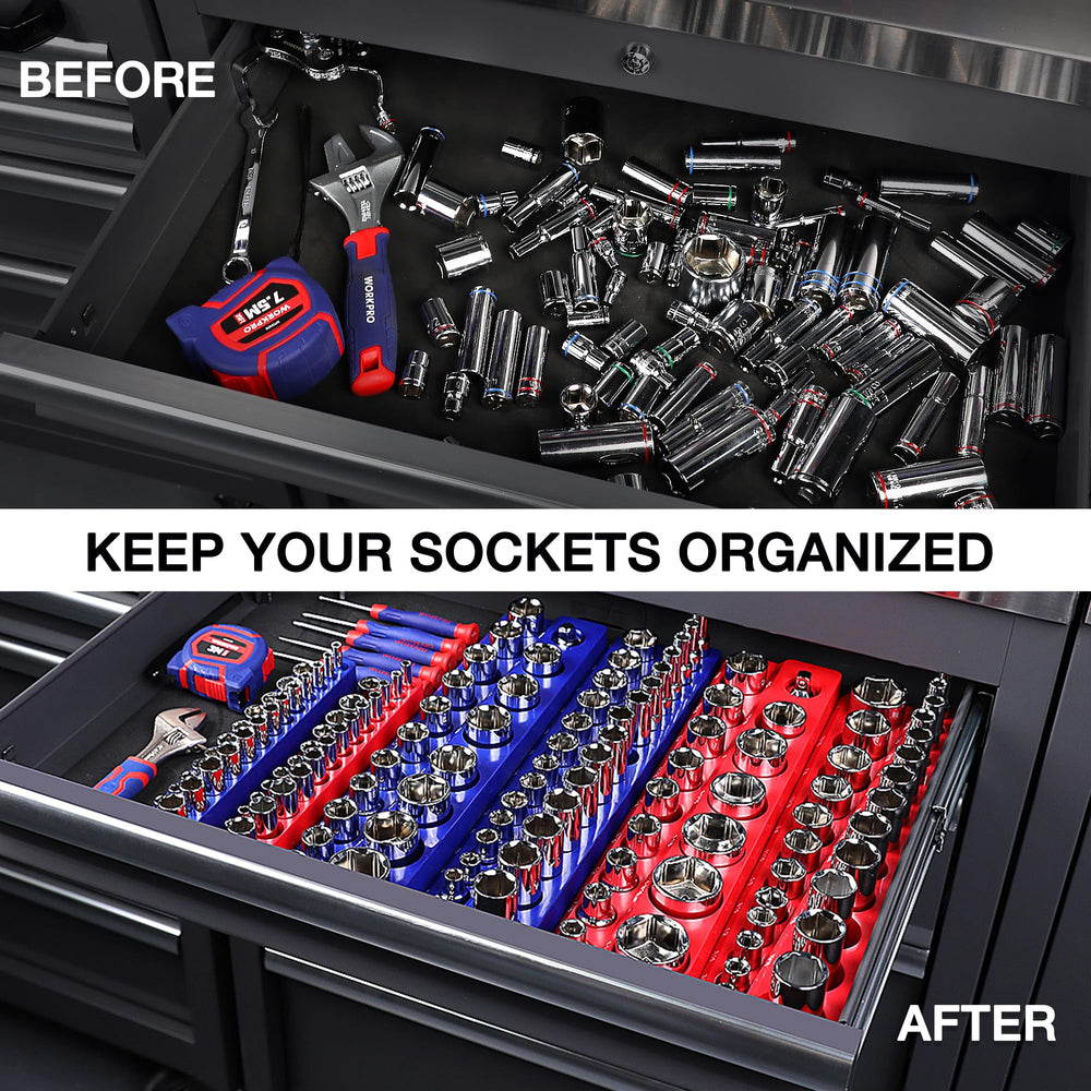 WORKPRO organizer holding deep and standard sockets for versatile storage benefit
