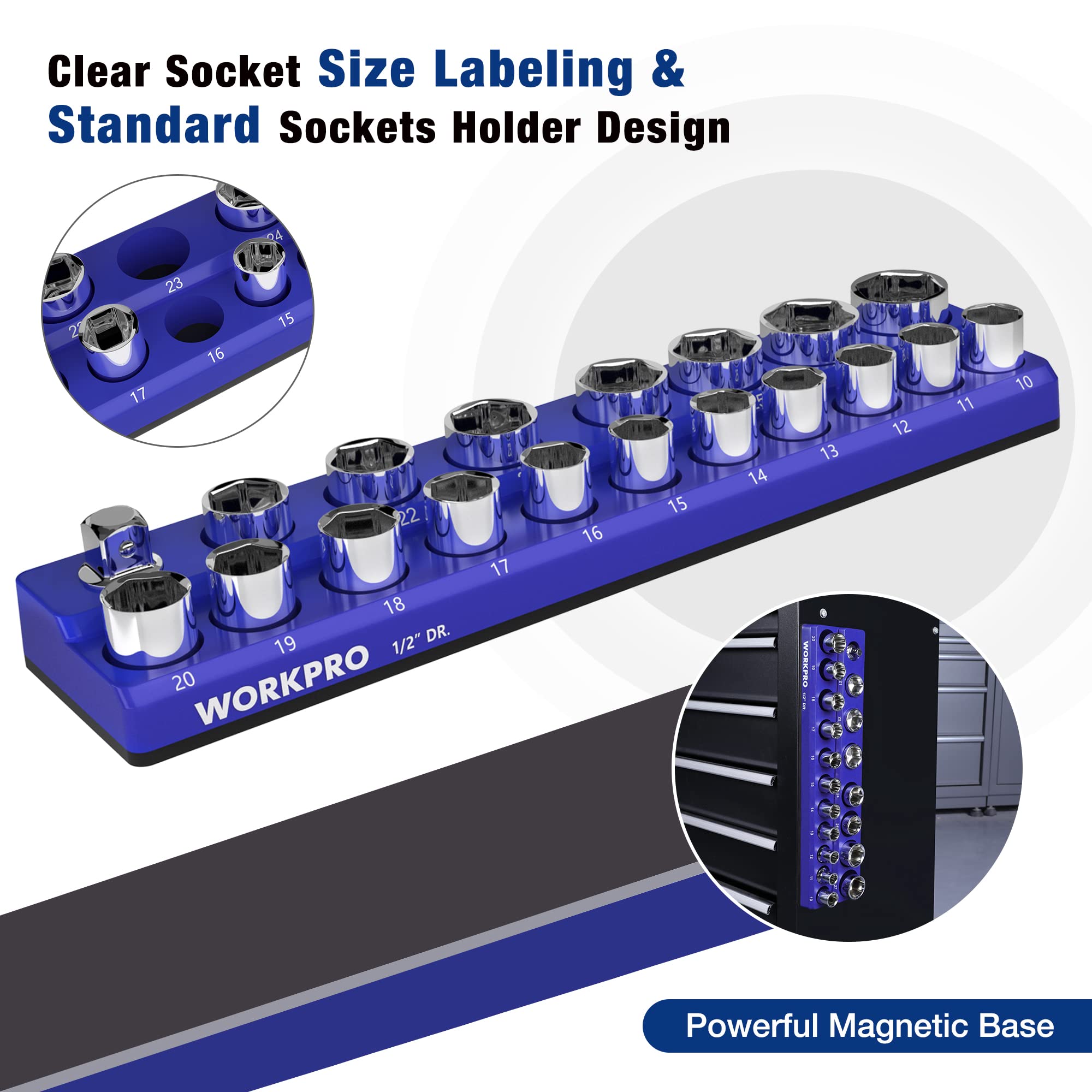 WORKPRO organizer placed inside a drawer offering compact organized storage for sockets