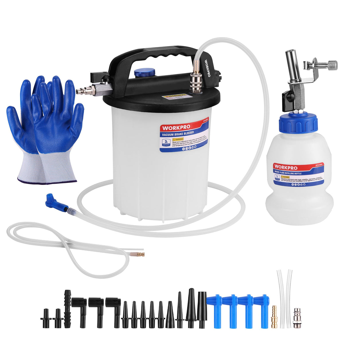 WORKPRO front packaging showing 3L vacuum bleeder and accessories for quick setup