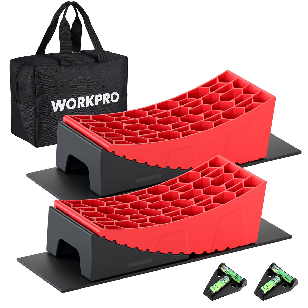 WORKPRO front packaging showing full 9-piece leveling kit and benefits