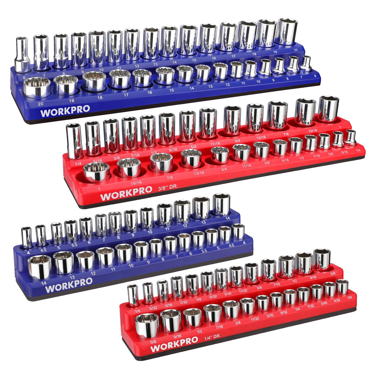 WORKPRO front view of four-piece magnetic socket organizer set showing color coding and capacity